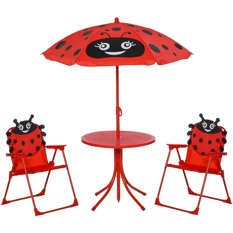 Direktkauf 4tlg. Kindersitzgruppe Garten Gartentisch 2 Klappstühle Sonnenschirm Camping Kindersitzgarnitur Gartenmöbel für 3-5 Jahr